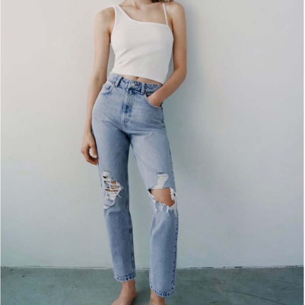 ZARA Ripped Medium Wash Mom Fit Jeans